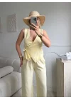 Kruvaze Bluz Pantolon Takım - SARI