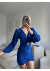 Kruvaze Önü Tokalı Elbise - SAKS MAVİSİ