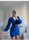 Kruvaze Önü Tokalı Elbise - SAKS MAVİSİ