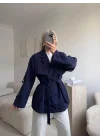 Kuşaklı Midi Trençkot - LACİVERT