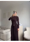 Kuşaklı Toka Detay Elbise - KAHVE