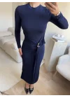 Kuşaklı Toka Detay Elbise - LACİVERT