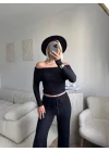 Madonna Yaka Crop & Pantolon Takım - SİYAH