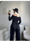 Madonna Yaka Crop & Pantolon Takım - SİYAH