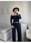 Madonna Yaka Crop & Pantolon Takım - SİYAH