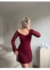 Madonna Yaka Dantel Astarlı Elbise - BORDO