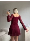 Madonna Yaka Dantel Astarlı Elbise - BORDO