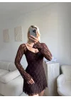 Madonna Yaka Dantel Astarlı Elbise - KAHVE