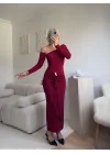 Omuz Dekolte Aksesuar Elbise - BORDO