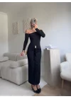 Omuz Dekolte Aksesuar Elbise - SİYAH
