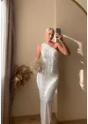 Omuz Detay Drapeli Elbise-Beyaz