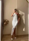 Omuz Detay Drapeli Elbise-Beyaz