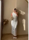 Omuz Detay Drapeli Elbise-Beyaz