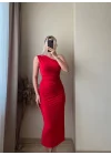 Omuz Detay Drapeli Elbise- KIRMIZI
