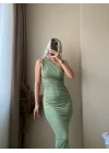 Omuz Detay Drapeli Elbise-Yeşil