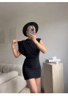 Omuz Vatkalı Drapeli Mini Elbise - SİYAH