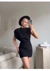 Omuz Vatkalı Drapeli Mini Elbise - SİYAH