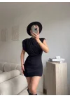 Omuz Vatkalı Drapeli Mini Elbise - SİYAH