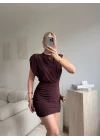 Omuz Vatkalı Drapeli Mini Elbise - KAHVE