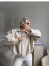 Oversize Bel Lastik Deri Ceket - BEJ