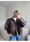 Oversize Bel Lastik Deri Ceket - KAHVE