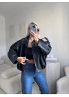 Oversize Bel Lastik Deri Ceket - SİYAH