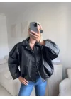 Oversize Bel Lastik Deri Ceket - SİYAH