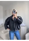 Oversize Bel Lastik Deri Ceket - SİYAH