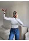 Parmak Geçmeli Fermuar Crop - BEYAZ