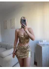 Payetli Askılı Büstiyer ve Mini Etek Takımı - GOLD