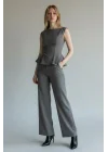 Peplum Detaylı Bluz ve Yüksek Bel Palazzo Pantolon Takım - GRİ