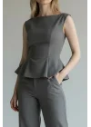 Peplum Detaylı Bluz ve Yüksek Bel Palazzo Pantolon Takım - GRİ