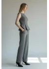 Peplum Detaylı Bluz ve Yüksek Bel Palazzo Pantolon Takım - GRİ