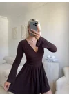 Pileli Kruvaze Şortlu Elbise - KAHVE
