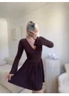 Pileli Kruvaze Şortlu Elbise - KAHVE