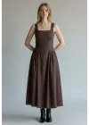 Poplin Kare Yaka Prenses Elbise - KAHVE