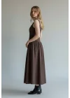 Poplin Kare Yaka Prenses Elbise - KAHVE