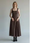 Poplin Kare Yaka Prenses Elbise - KAHVE