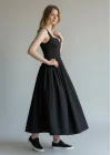 Poplin Kare Yaka Prenses Elbise - SİYAH