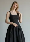 Poplin Kare Yaka Prenses Elbise - SİYAH