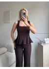 Premium Volanlı Pantolon Takım - KAHVE