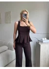 Premium Volanlı Pantolon Takım - KAHVE