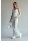 Puantiyeli Halter Yaka Crop Top Pantolon Takım