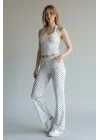 Puantiyeli Halter Yaka Crop Top Pantolon Takım