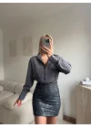 Pul Payet Etekli Gömlek Elbise - GRİ