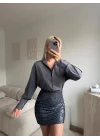 Pul Payet Etekli Gömlek Elbise - GRİ