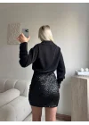Pul Payet Etekli Gömlek Elbise - SİYAH