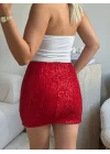 Pul Payetli Yırtmaçlı Mini Etek - KIRMIZI