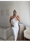 Sırt Dekolte Halter Yaka Elbise - BEYAZ