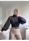 Sırt Dekolteli Şifon Bodysuit - SİYAH